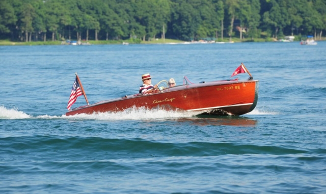 Rock 'N Race, 1952 Chris~Craft Racing Runabout owned by Sid Durham in the 2020 July 4th Wooden Boat Parade on Gull Lake